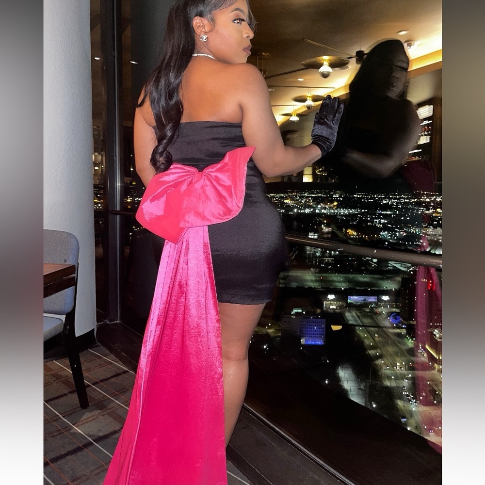 Black Satin pink bow tie dress
